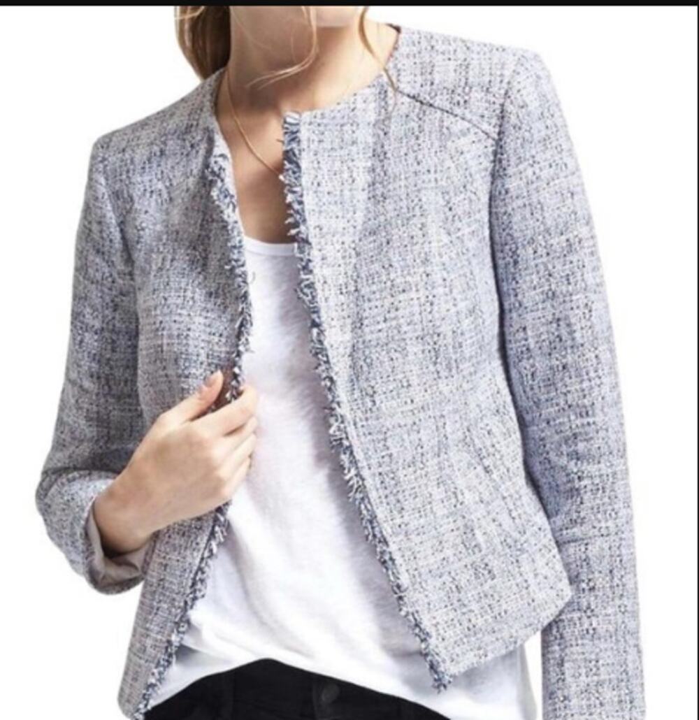 Banana Republic Italian Tweed Blazer Fringe Open Front Size 12 Blue White Career